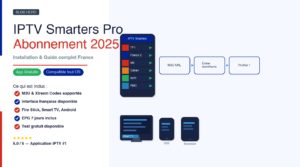 Abonnement IPTV Smarters Pro 2025 : smartphone avec interface IPTV Smarters affichant TF1 M6 Canal Plus
